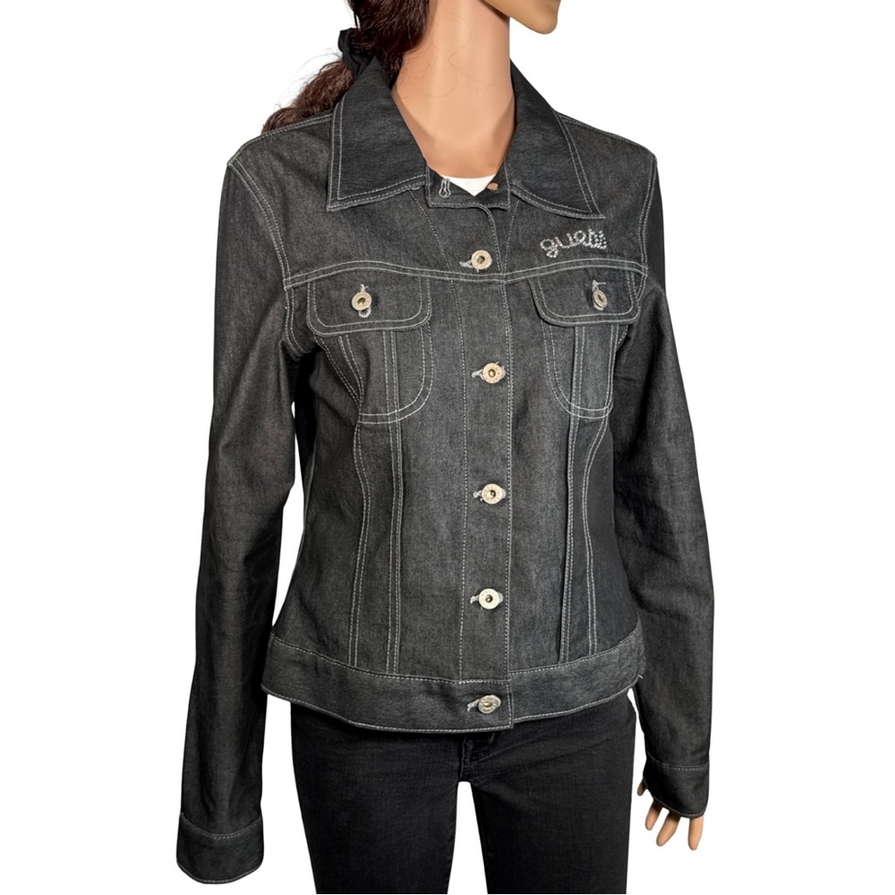 Y2K Guess Dark Wash Denim Jacket with Rhinestone Logo – Size XL